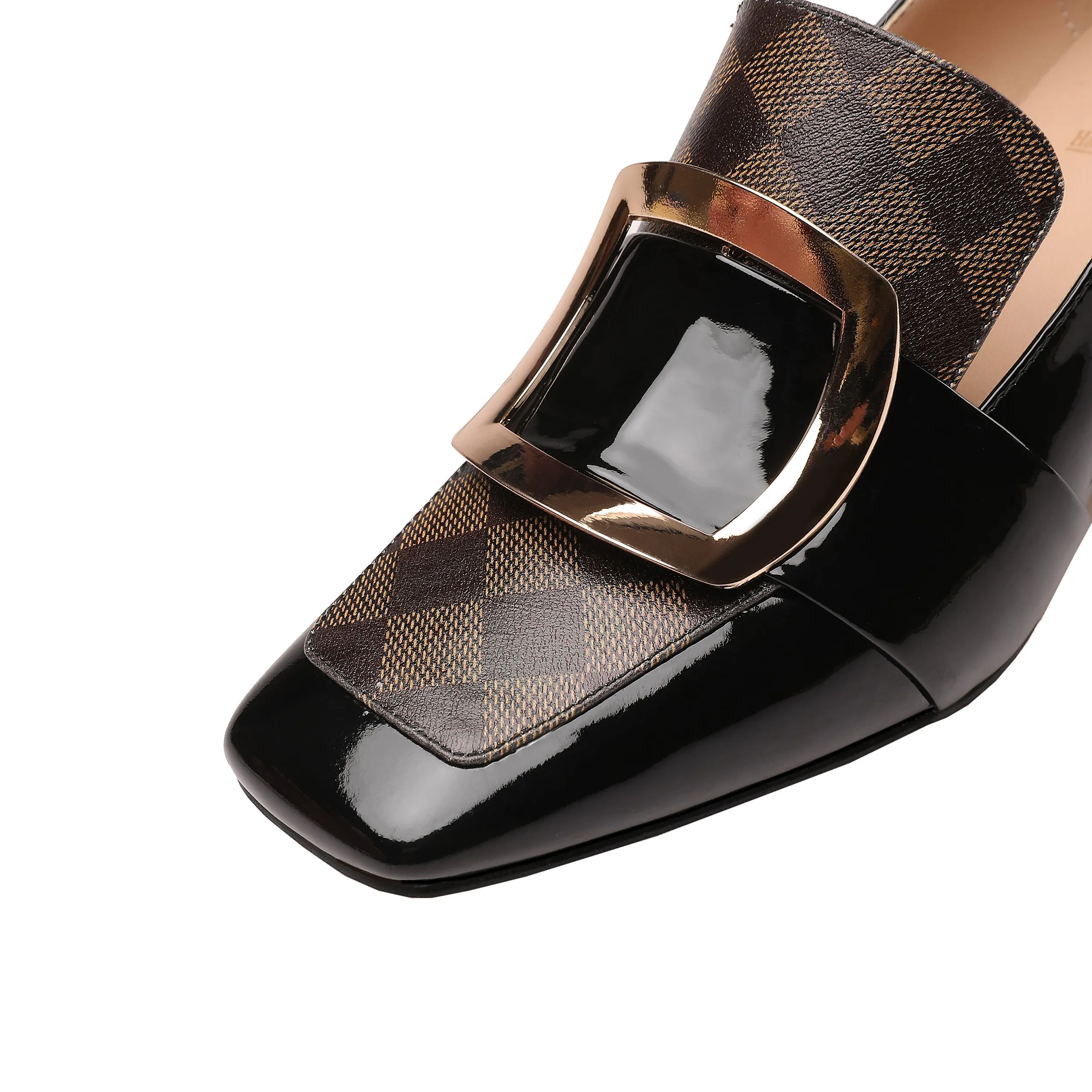TinaCus Patent Leather Women's Handmade Metal Square Pattern Design Classic Chunky Heel Loafer Pumps