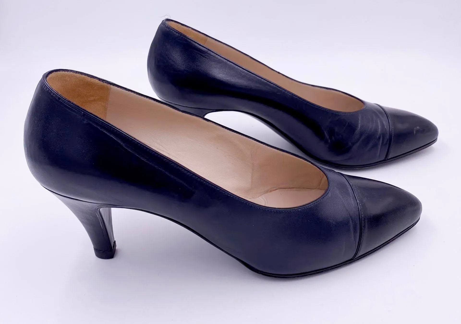 Vintage Black Leather Chanel Pumps with Black Leather Toe