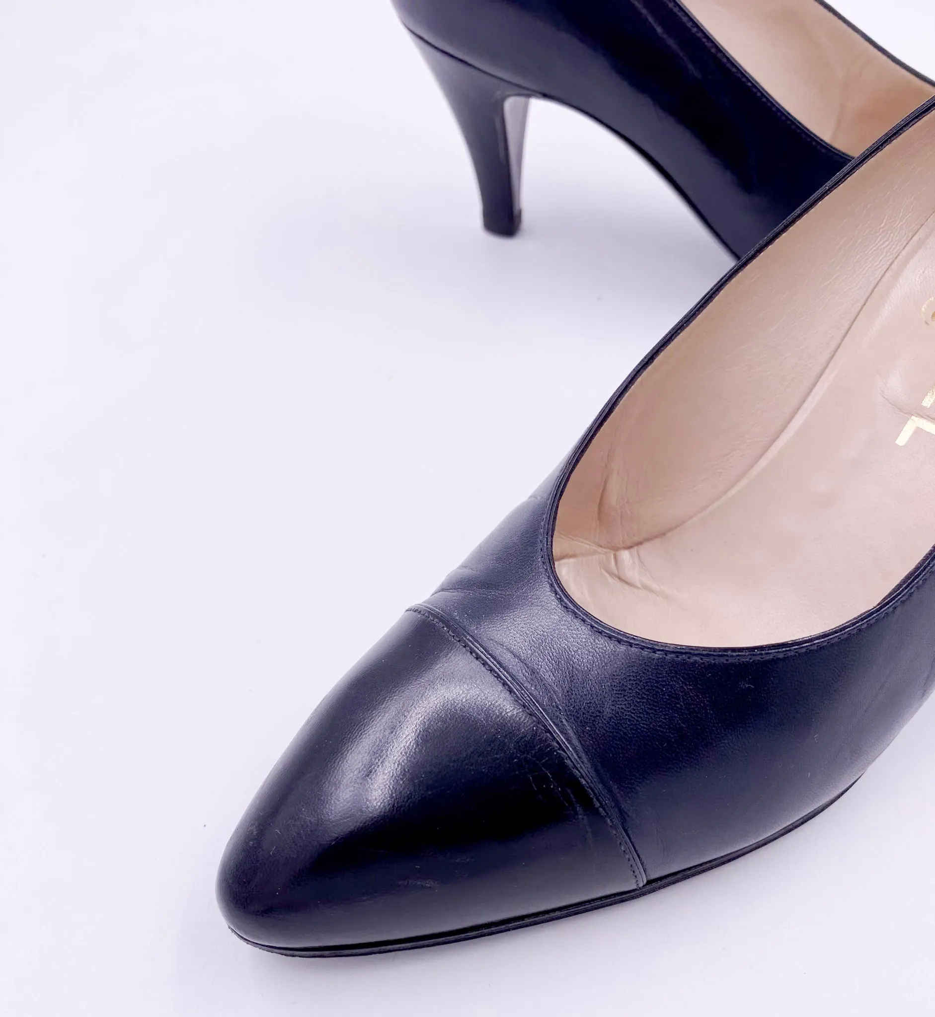 Vintage Black Leather Chanel Pumps with Black Leather Toe