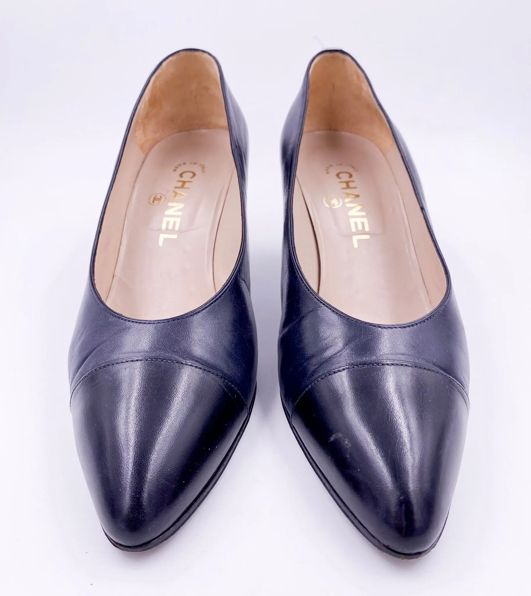 Vintage Black Leather Chanel Pumps with Black Leather Toe