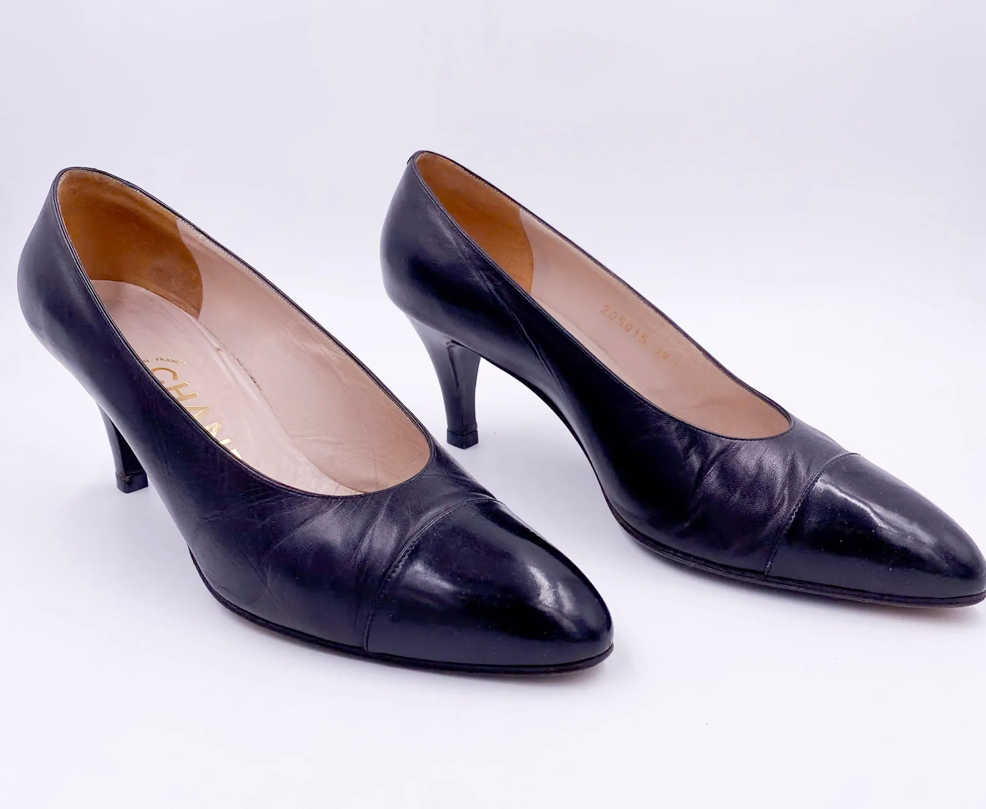 Vintage Black Leather Chanel Pumps with Black Leather Toe