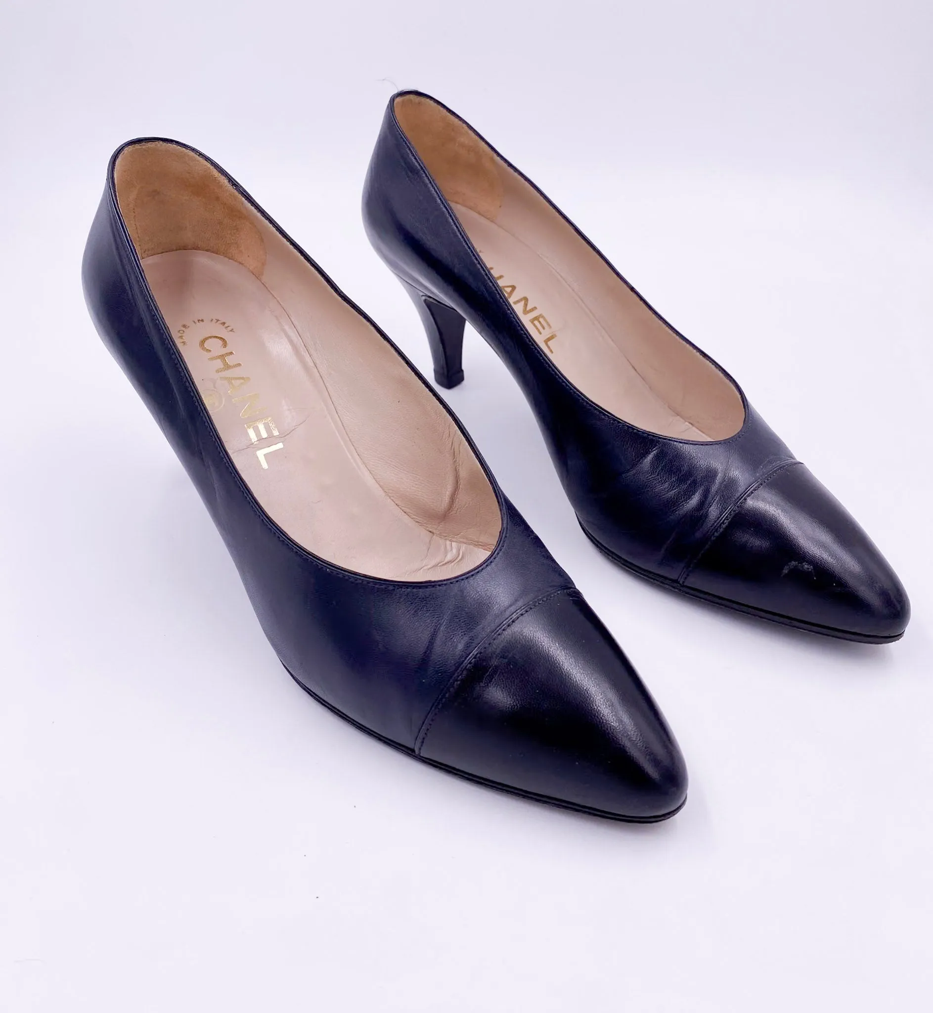 Vintage Black Leather Chanel Pumps with Black Leather Toe
